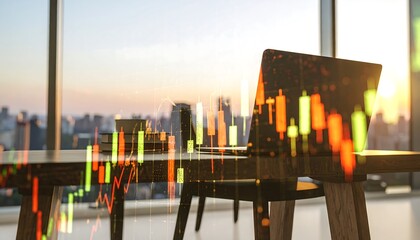 Modern office scene with financial data overlay