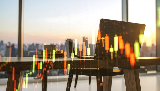 Modern office scene with financial data overlay