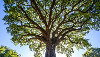 Obraz premium A magnificent, sprawling tree with lush foliage stretches towards the vibrant blue sky.