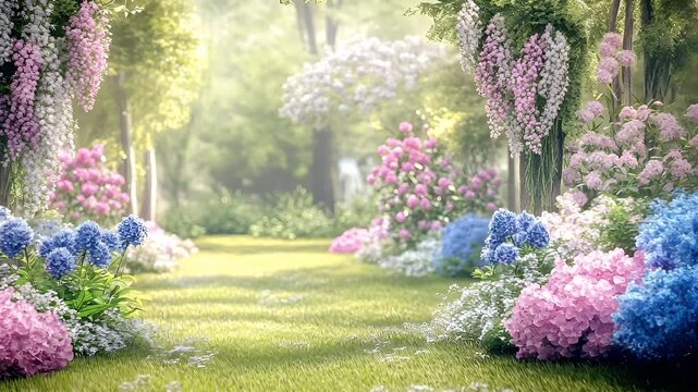 A vivid, highresolution digital artwork of a lush garden scene. The main subject is a vibrant garden with blooming flowers, including hydrangeas and other blooms.