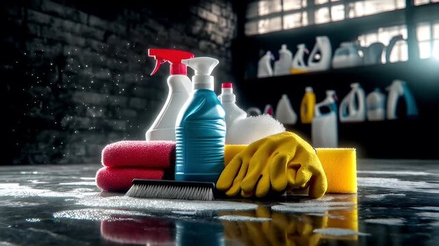 Trash garbage Spring cleaning. A closeup shot of cleaning supplies on a wet surface. The main subject is a blue spray bottle with a red trigger, surrounded by various cleaning products.