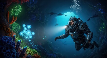 Futuristic Diver Explores Underwater Cave with Bioluminescent Flora and Fauna