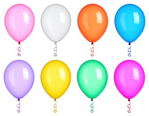 Eight Colorful Balloons Floating With Ribbons Against A Transparent Background