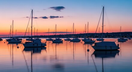 Tranquil Sunset Over a Calm Lake with Silhouetted Sailboats and Reflections