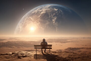 Obraz premium An astronaut sitting on a bench on Mars, looking out into the barren desert landscape.