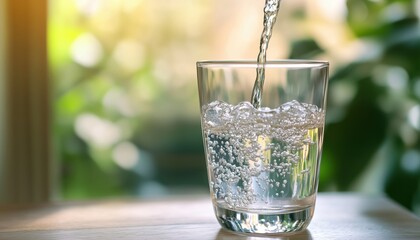 Refreshing Scene: Water Flowing Into A Glass On A Wooden Table With Natural Light And Serene Ambiance. Hydrate And Relax.