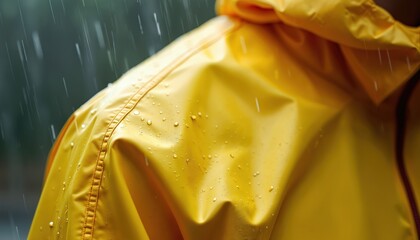 Close-up of person wearing vibrant yellow rain jacket, with raindrops visible on waterproof fabric. Textured material offers protection against precipitation, ideal for outdoor activities, stormy