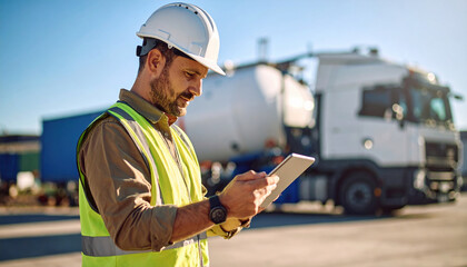 Construction worker in safety gear using tablet at work site with trucks in background, showing modern technology in logistics and transportation, with focus on safety and efficiency