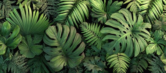 Lush tropical foliage fills the frame, showcasing various leaf shapes and shades of green