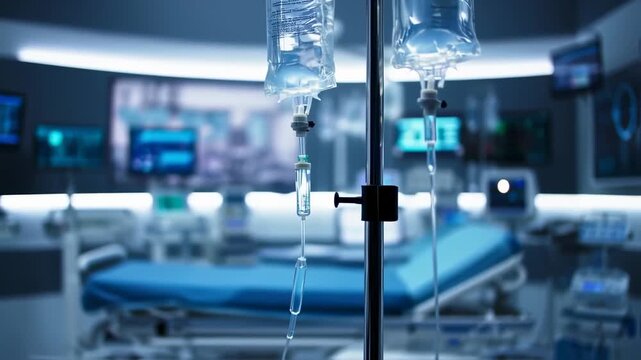 Modern Intensive Care Unit with IV Drip and Medical Equipment for Patient Monitoring