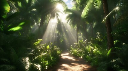 Obraz premium Sunlight streams through a lush tropical jungle path.