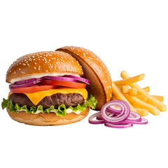 Juicy Cheeseburger with French Fries: A Delicious Meal Photo