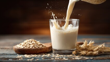 Creamy oat milk pouring into a glass, oat flakes and wheat stalks nearby on rustic wood