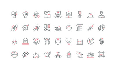 War, military conflict between countries using army and weapons, nuclear bomb explosion line icon set. Battle, soldier and veteran, tank thin black and red outline symbols vector illustration