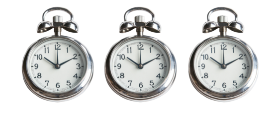 Three Silver Pocket Watches Displayed With Transparent Background Showing Clock Hands and Details