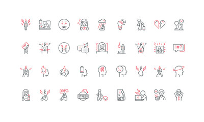 Stress, mental health crisis and psychological troubles, psychology line icon set. Loneliness and anxiety, aggressive behavior and suicide thin black and red outline symbols vector illustration