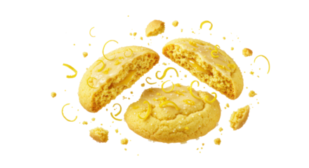 Lemon Glazed Cookies Arranged Against Black Transparent Background with Crumbles