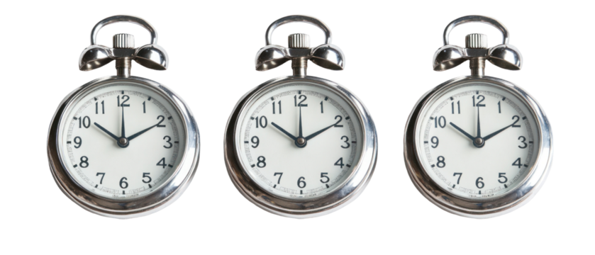 Three Silver Pocket Watches Displayed With Transparent Background Showing Clock Hands and Details