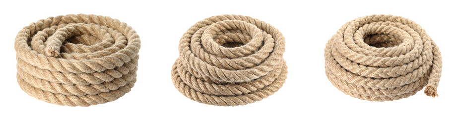 Obraz premium Three Coiled Rope Sections with Beige Tones Isolated Against Transparent Background