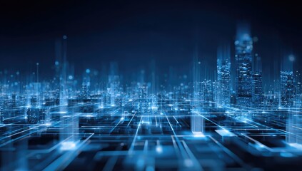 Futuristic cityscape, digital network overlay