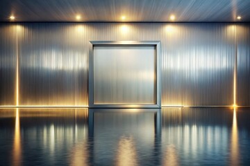 Modern Interior Design with Reflective Floor and Metal Wall Featuring a Large Empty Frame