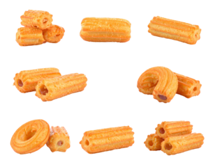 Close Up Image of Golden Brown Churros Arranged On Transparent Background Displaying Different Shapes and Textures