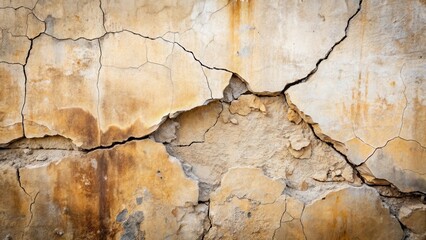 A heavily fractured and weathered wall surface exhibiting extensive cracking and deterioration