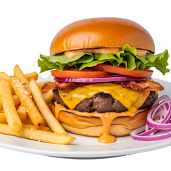 Juicy Cheeseburger with Bacon, Fries, and Onions: Gourmet Burger Photo