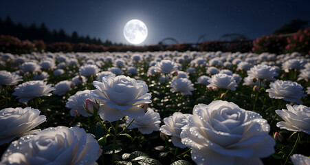 
Miles de rosas blancas cubiertas de rocío brillan bajo la luna llena, creando una escena realista y mágica en un vasto jardín nocturno.