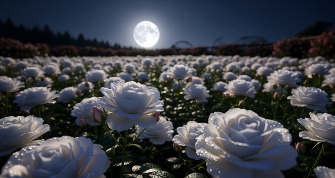 
Miles de rosas blancas cubiertas de roc&iacute;o brillan bajo la luna llena, creando una escena realista y m&aacute;gica en un vasto jard&iacute;n nocturno.