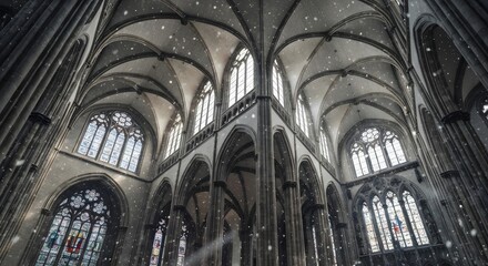 Obraz premium Gothic Church Interior with Snowfall and Light Beams