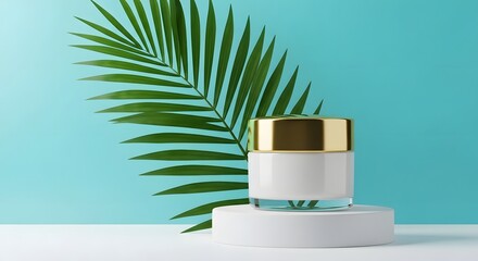 Fototapeta premium Recyclable Cosmetic Packaging on White Cube with Tropical Leaf