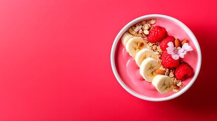 Vibrant smoothie bowl with banana slices, raspberries, granola, and almonds on pink background, creating fresh and healthy breakfast option