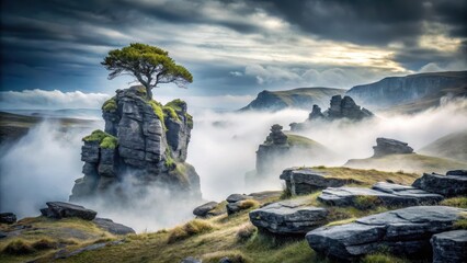 A solitary tree stands atop a misty mountain peak, surrounded by dramatic rock formations and a breathtaking valley shrouded in fog.