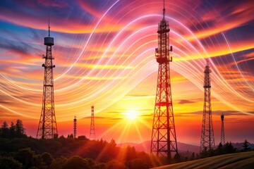 Silhouetted communication towers stand tall against a vibrant sunset, showcasing a breathtaking panorama of technological infrastructure and natural beauty.