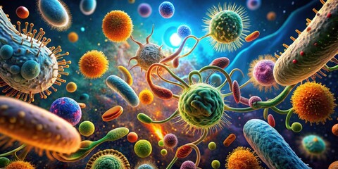 A vibrant microscopic universe teeming with diverse microorganisms, showcasing the complexity and beauty of unseen life forms in a dynamic, colorful display.