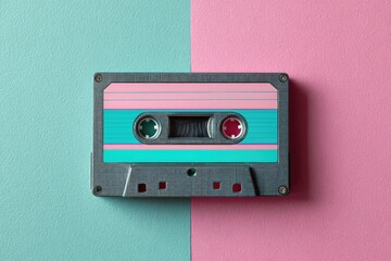 Obraz premium Retro cassette tape on a teal and pink background (1)