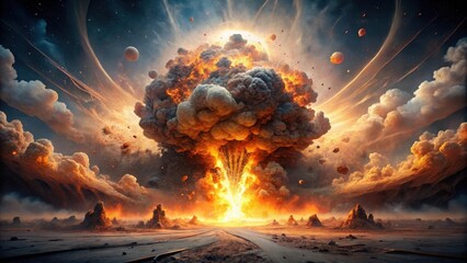 A Desolate Landscape Under a Fiery Celestial Explosion with a Destructive Impact