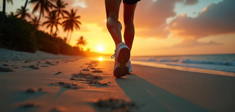Runner feet hit wet sand on a tropical beach during a vibrant sunrise. Palm trees line the coast as gentle waves lap the shore. Person pursues morning exercise for health, energy, and well-being.