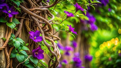 Intricate woody vines intertwine with vibrant purple blossoms, creating a breathtaking natural tapestry of flourishing life and organic beauty.