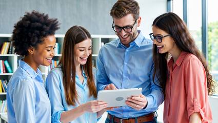 Group of cheerful college students using a digital tablet in a library