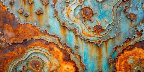 Abstract Textured Surface of Rusted Metal with Teal Accents, Showing Layers of Corrosion and Decay Over Time