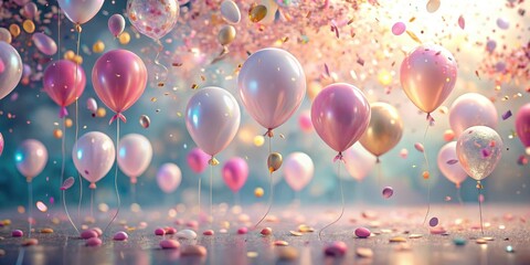 A whimsical celebration featuring pastel balloons and confetti, creating a joyous and festive atmosphere