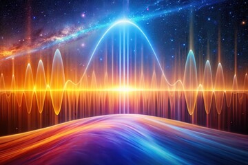 Abstract cosmic energy wave landscape with vibrant hues and a celestial backdrop