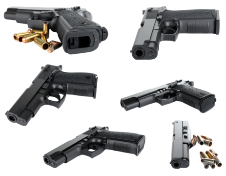 Multiple Views of a Black Gun with Bullets Against a Transparent Background