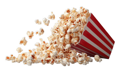 Popcorn spilling from a striped red and white container