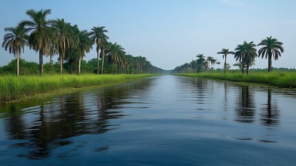 Obraz premium Calm waterway lined with palm trees.