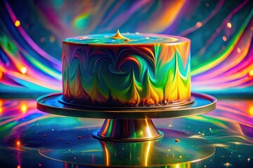 A vibrant, iridescent cake with swirling colors rests on a sleek, metallic cake stand, reflecting the dazzling, multicolored backdrop.