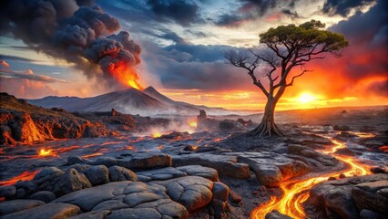 Fiery Sunset Over Volcanic Landscape A Solitary Tree Stands Witness to Molten Rivers of Lava Flowing from an Erupting Volcano