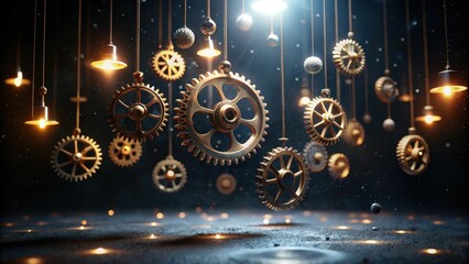 Intricate Golden Gears and Illuminating Lights Suspended in Mysterious Darkness